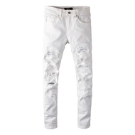 GGF 625 ใหม่ AMIRI สีขาว high street ripped กางเกงยีนส์ผู้ชาย patch ยืดกางเกงยีนส์ slim fit