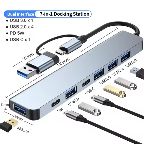 USB C Hub USB Hub 3.0, Aluminum 7 in 1 USB Extender, USB Splitter with USB 3.0, 4 X USB 2.0 and 2 US