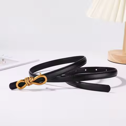 Korea Women Genuine Leather Knotted Thin Waist Belt Fashion Geometric Butterfly Gold Buckle Adjustab