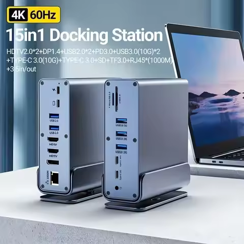 15 in 1 USB-C Docking Station 4K HD Vertical Hub with Triple Monitor ,RJ45 1000M,USB 3.0/2.0,PD 3.0,