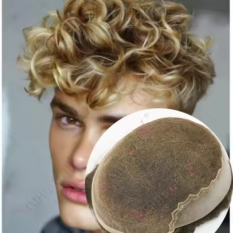 European 28mm Curly Human Hair Durable Q6 Blonde Brown #20 18# Male Wig Breathable Swiss Lace& Thin 