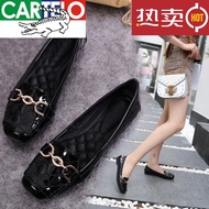 A-6💚Cartelo Crocodile（CARTELO）Fashion Brand Size Leather Single-Layer Shoes Women's Flat All-Match Peas Shoes Square Toe