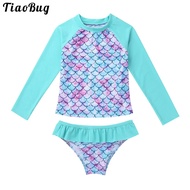 Tiaobug 3 To 8 Years Summer Kids Girls Swimwear Long Sleeves Fish Scales Printed Rashguard Tops With Bottoms Swimsuit Bikini
