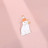 Traffic Cone Hat White Cat Enamel Brooch Pin Funny Road Cone Kitten Lapel Pin for Backpack Clothing 