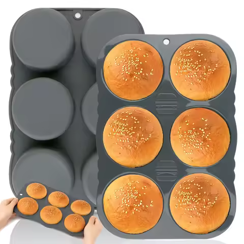 1-Pack Silicone Burger Tray Non-Stick Thick 6-Hole Silicone Mold for Mini Buns French Bread Burger B