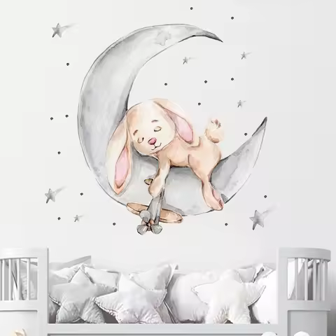 1 Pcs Cartoon Rabbit Sleeping On The Moon And Stars Wall Stickers For Kids Room Baby Room Decoration