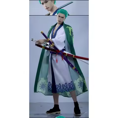 Sea Power Roronoa Zoro Cosplay Costume Uniform Green Coat Belt Pants Head Scarf Roronoa Zoro Wig Ear