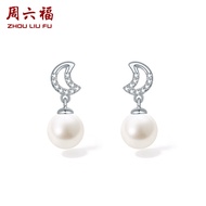 ZHOU LIU FU 周六福 S925 Sterling Silver Earrings Cute Moon Design Freshwater Pearl Drop Earring for Wom