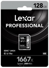 LEXAR - LEXAR PROFESSIONAL 1667X SDXC 128GB U3 V60 UHS-II (up to 250MB/s read, 90MB/s write)