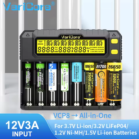 VariCore VCP8 8-Slot LCD Smart Charger 18650/21700/26650 Li-ion 3.7V LiFePO4 3.2V NiMH/Cd 1.2V AA AA