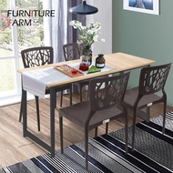 FURNITURE FARM : 120x60 Contemporary Dining Table Black Steel with 4 Brown 3V HIVE Dining Chair