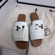 Hermes/愛馬仕白棕色H 銀扣流蘇拖鞋