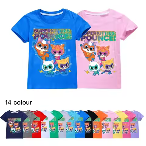 Anime Super Cats T Shirt Kids SuperKitties Clothes Baby Girls 100%Cotton Short Sleeve Tops Junior Bo