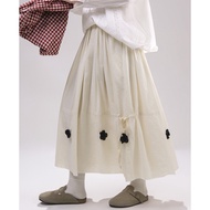 3D Texture Camellia Belted Cotton Linen Skirt