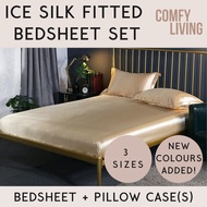 Cooling Ice Silk Plain Fitted Bedsheet Set, Single/ Queen/ King Size