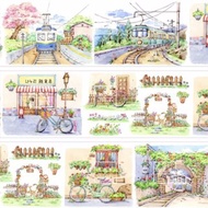 單車電車 復古日式街道 水彩畫造景 PET 和紙膠帶 台灣製 10米卷