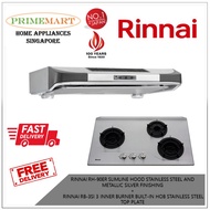 RINNAI RH-90ER SLIMLINE HOOD  AND METALLIC SILVER FINISHING+RB-3SI 3 INNER BURNER BUILT-IN HOB STAINLESS STEEL BUNDLE