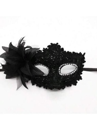 1入組女士威尼斯萬聖節面具,美麗的側面花朵和玫瑰花黑色蕾絲化妝舞會眼罩