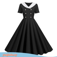 ❥Vintaj Pakaian Pesta❥Hepburn Classy Retro 1950s 60sWomen S Contrasting Color Fashion V-Neck Double-