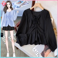 Plus Size Korean Style Elegant Women's V-Neck Slimming Versatile Long Sleeve Blouse [M-3XL]