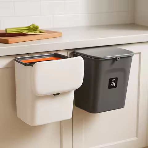 Wall-Mount 7/9L Kitchen & Bathroom Trash Can with Lid, Hanging Waste Container for Food and Househol