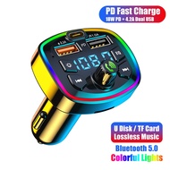 Car Mp3 Player Car Kit Bluetooth 5.0 FM Transmitter Dual USB PD Type-C Car Charger with Colorful Lights