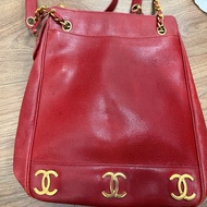 Vintage Chanel 金球酒紅粗金鏈復古托特包