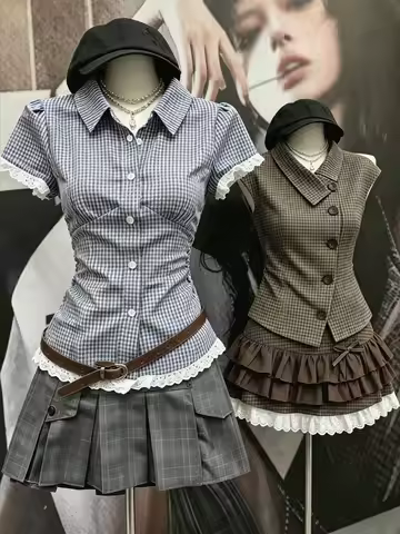 Vintage Coquette Dark Academia Women Outfit Lace Trim Blouse Sleeveless Ruffle Skirt Plaid Mini Skir