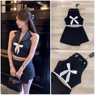 งานป้าย Stylista (เช็คของก่อนสั่งซื้อ) set 2ชิ้นเสื้อแขนกุดคอปกผ้าลายทางแต่งขอบลูกไม้แต่งโบว์ มาพร้อ