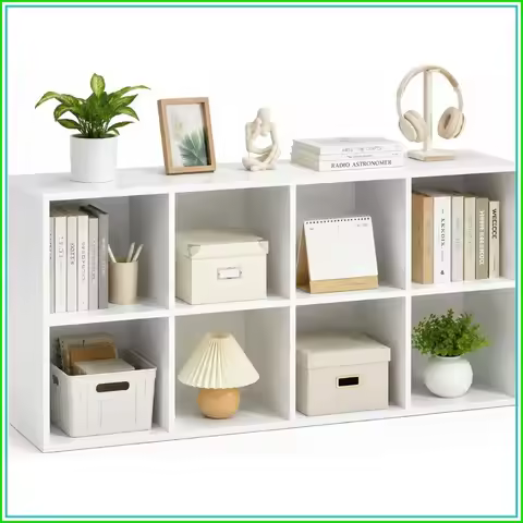 8 Cube Storage Organizer, Open Bookshelf with Back Panels, Modern Bookcase, White