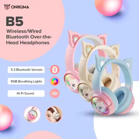 ONIKUMA B5 Tri-Mode Gaming Headset Surround Sound Detachable Mic Cute Cartoon RGB PS4 PS5 Switch PC 