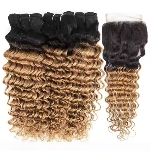 T1B/27 Deep Wave Human Hair Bundles With 4x4 Lace Closure 10-30 Inch Double Weft Human Hair 100g/Pc 