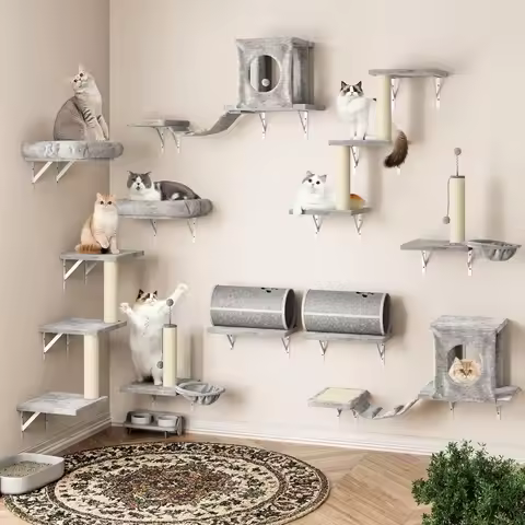 14-in-1 Cat Wall Shelves, Wall Mounted Cat Climber Set with House, Tunnel, Bridge, Steps, Scratcher,