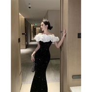 One-Shoulder Sequined Velvet Dress One-Piece Dress Long Dress