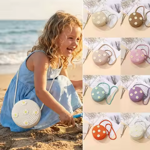 Creative Small Daisy Kids Straw Bag Woven Handmade Crossbody Bag Round Shape Shoulder Bag for Childr