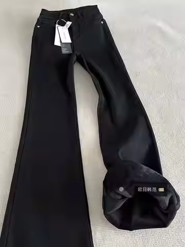 2025 Autumn Winter Women Vintage Low Rise Black Denim Flare Pants Warm Velvet Bootcut Jean Y2k Haraj