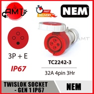 NEM TWISLOK 3P+E SOCKET 32A 4PIN 3HR T-2242-3 GEN1 IP67 REEFER CONTAINER