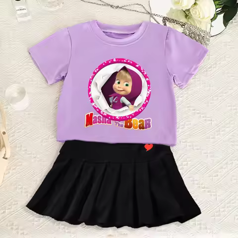 Masha and The Bear Girl Clothes Set Cute Cartoon Pleated Skirt T Shirt 2pcs Short Sleeve Tee Dress K
