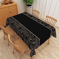 Black and Gold Floral Tablecloth 60x102 Inch Flower Painting Wildflower Doodle Stripe Fabric Table C