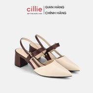 Elegant pointed toe slingback women's high heel sandals with light color combination and square sole