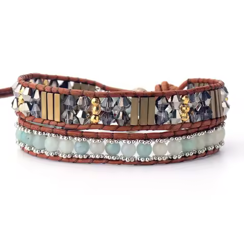 Women Strand Bracelet High End Amazonite Stone Crystal Vintage Wrap Bracelets Cuff Bangle Jewelry Wh