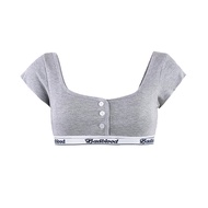 Badblood Wide Edge Knit U-คอแขนสั้นเสื้อยืดกีฬาผู้หญิงสลิมฟิตเส้นใยโพลีเอสเตอร์พร้อมปุ่มดีไซน์เปลือย