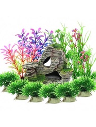 水族箱裝飾植物假山景觀,13 件綠色水族箱植物塑膠和水族箱山礁岩洞穴樹脂魚缸裝飾品