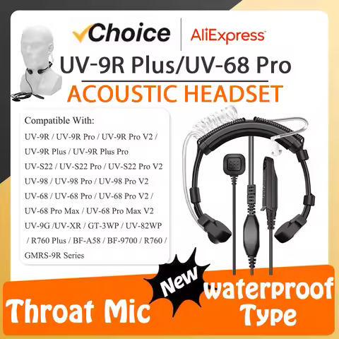 Baofeng UV-68 Pro Max Adjustable Throat Mic UV-S22 V2 Tactical Acoustic Tube Headset PTT Earpiece Fo