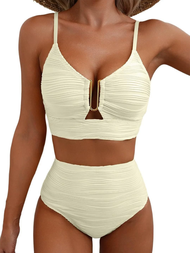 U-wire Bikinis 2025 Women High Waist Swimwear Solid Swimsuit Female Beachwear Summer Bathers Bathing