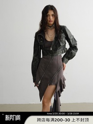 Jnylon Vintage สีเขียว Pu เสื้อแจ็คเก็ตหนัง เสื้อแจ๊กเก็ตสั้นนักออกแบบอิสระรถจักรยานยนต์ เด็กผู้หญิง