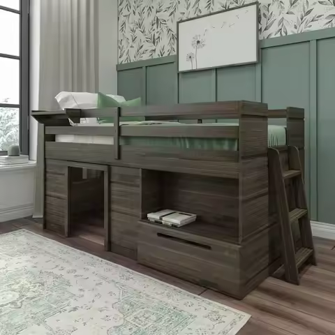 bed.Loft Bed Twin Size,Solid Wood Low Loft Bed with Storage Drawer and Ladder, Modern Farmhouse Loft