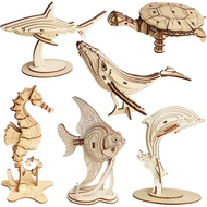 3D Wooden Sea Animal Puzzle - 6 Piece Set Wood Sea Animals Skeleton Assembly Model Kits - Wooden Cra