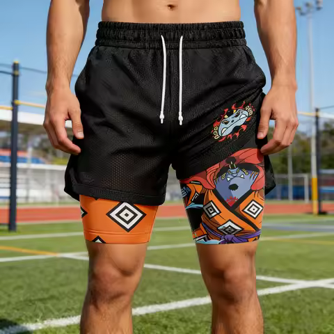 2026 Bandai Jinbe Knight of The Sea Anime One Piece Men's Double Layer Fake Two Piece Shorts Gym Wor