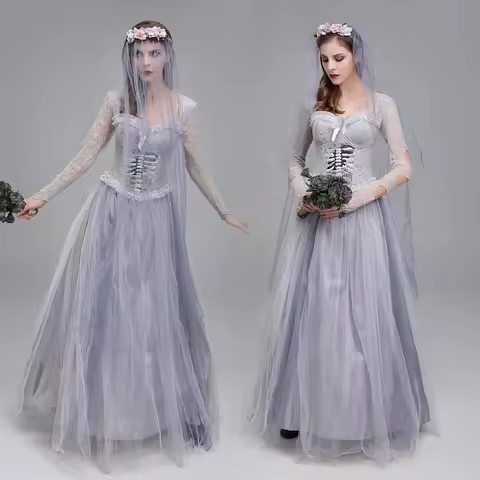 Ladies Ghost Bride Halloween Costumes Women Cosplay Clothes Corpse Bride Corset Dress and Veil Carni